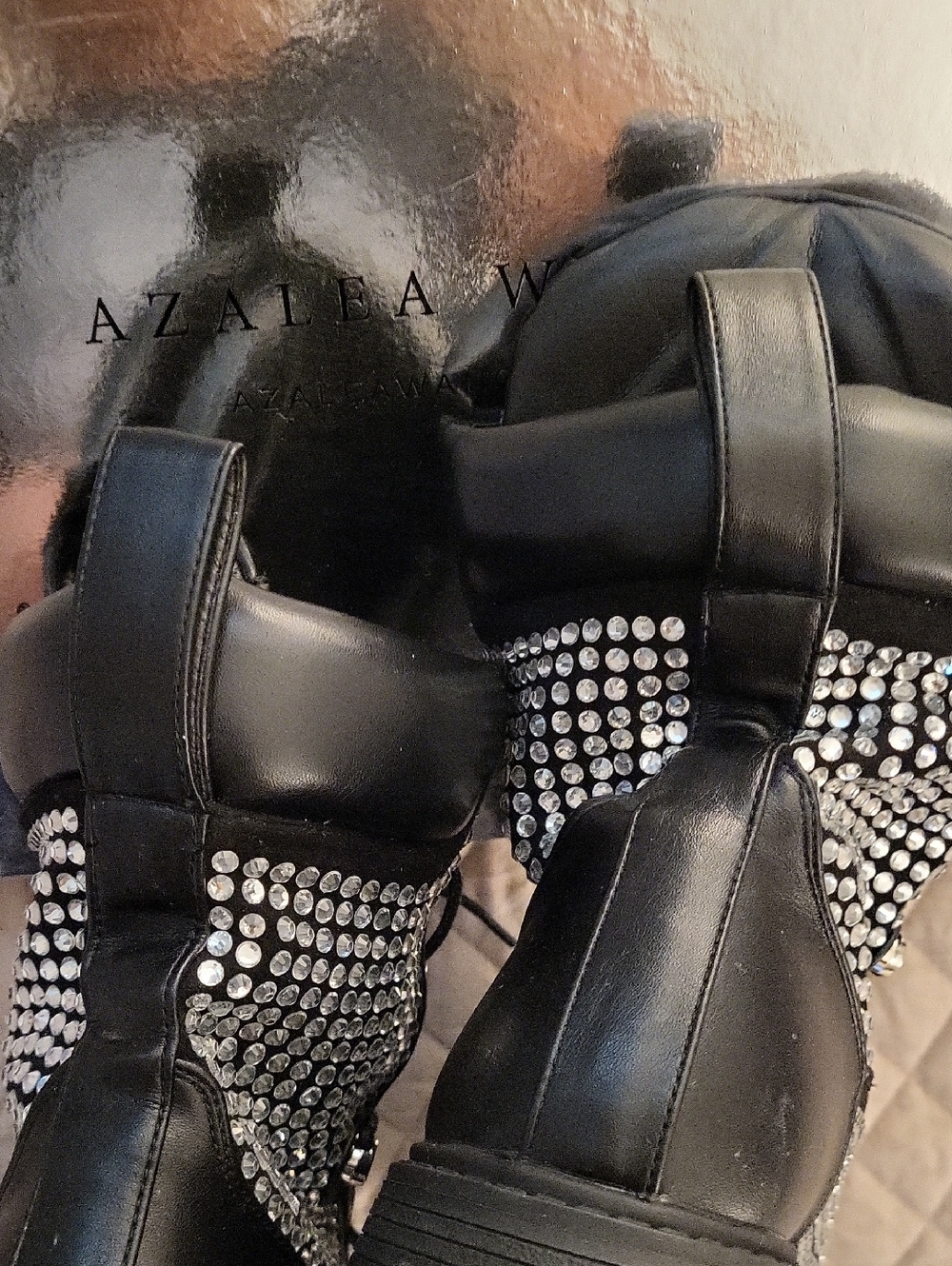 AZALEA WANG Black Rhinestone Combat Boots - Women's Fashion Boots SZ9 - Picture 9 of 12